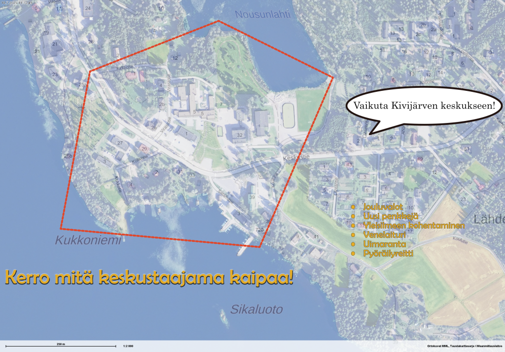 Kuva, jossa ilmakuva Kivijärven kunnan keskustaajamasta. Taajama on rajattu ja rajauksen vieressä olevassa puhekuplassa sanotaan: Vaikuta Kivijärven keskukseen!.