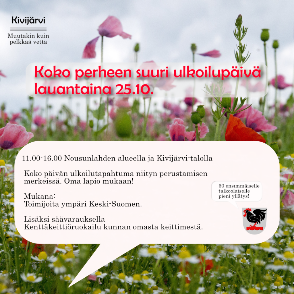 Kuva niitystä, jossa "Koko perheen suuri ulkoilupäivän" tapahtuman tiedot tekstinä.